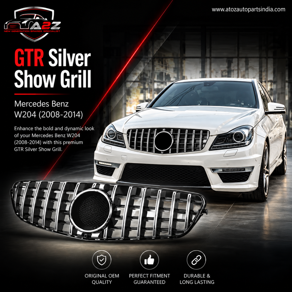 GTR Silver Show Grill Compatible With Mercedes Benz C-CLASS W204 T-2  Tag 13