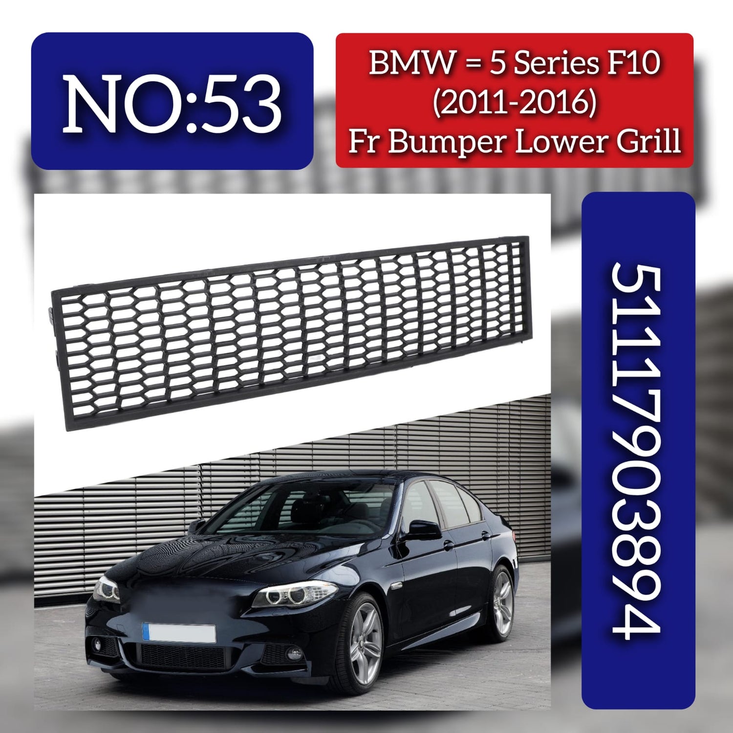 Front Middle Bumper Lower Center Mesh Bezel Grille 51117903894 Compatible With BMW 5 Series (F10) (2011-2016) Tag-BG-53