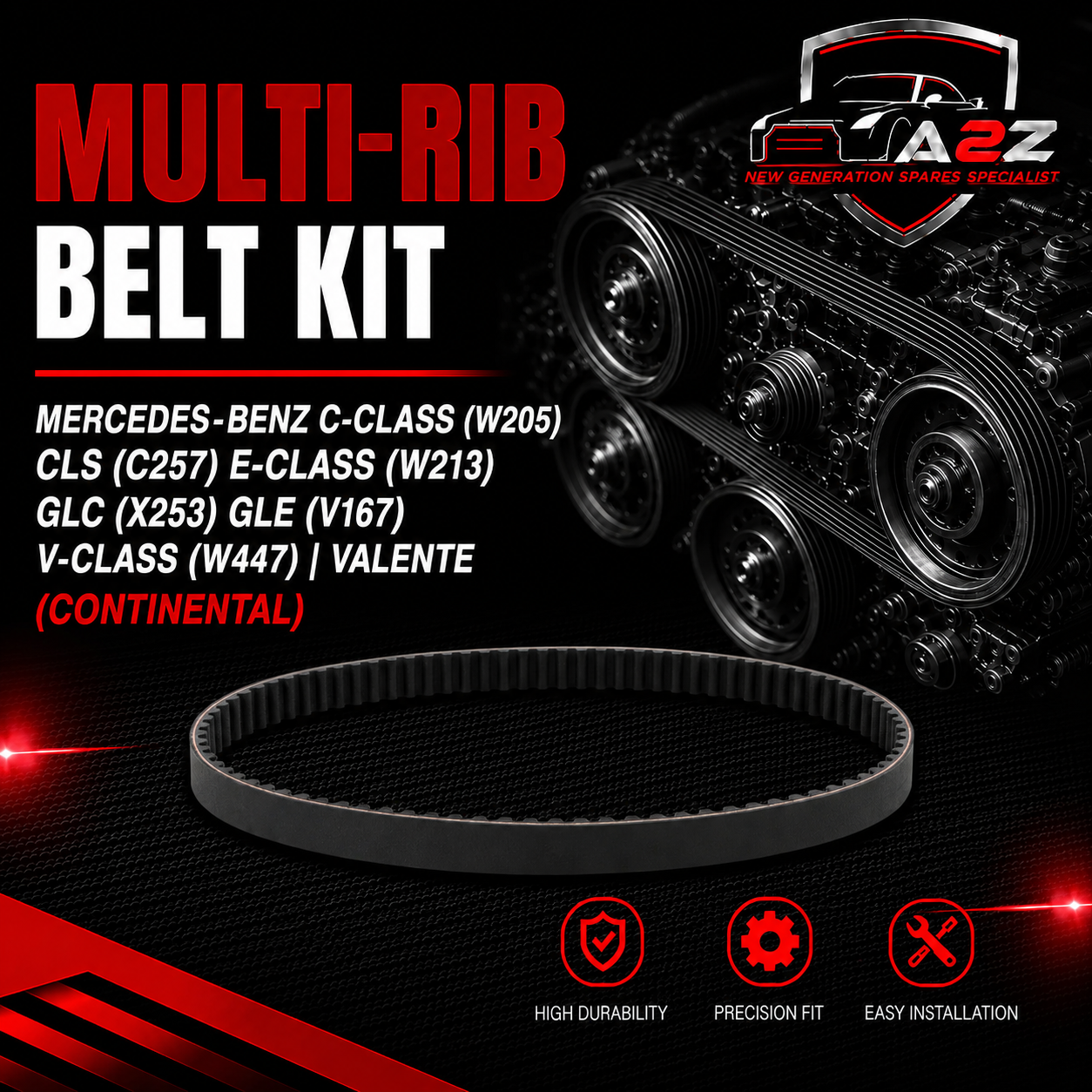 Multi Rib Belt Kit 5PK1960K1 Compatible With MERCEDES-BENZ C-CLASS (W205) CLS (C257) E-CLASS (W213) GLC (X253) GLE (V167) V-CLASS (W447) | VALENTE (CONTINENTAL)