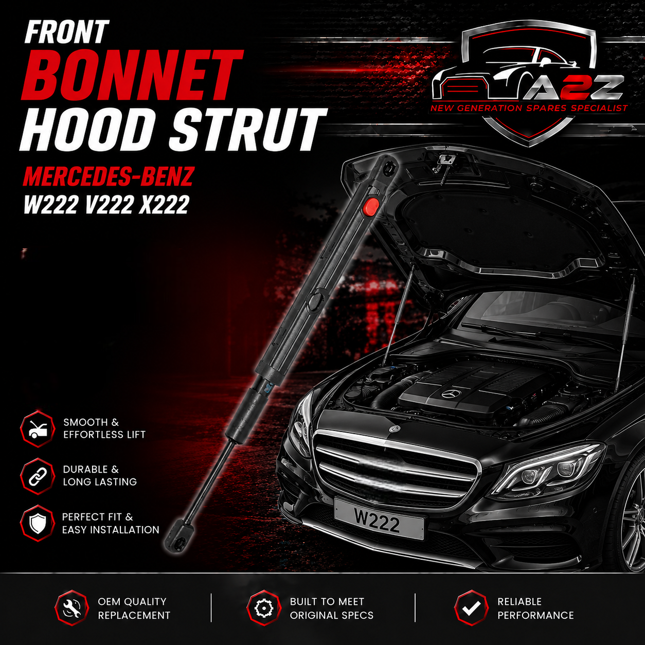 Front Bonnet Hood Strut Left 2229800064 & Right 2229800164 Compatible With MERCEDES-BENZ S-CLASS (W222, V222, X222) & S-CLASS Convertible (A217) & S-CLASS Coupe (C217)