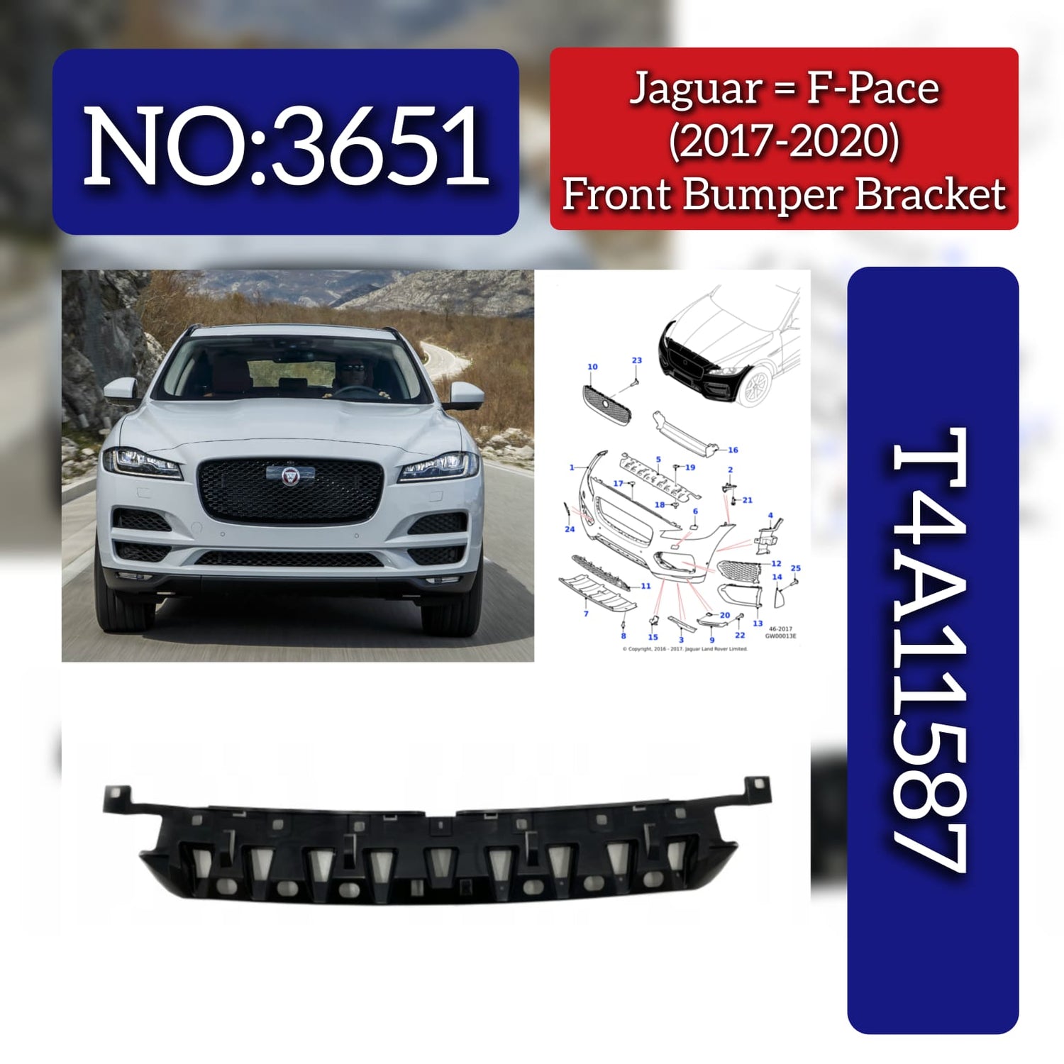 Front Bumper Bracket T4A11587 Compatible With Jaguar F-Pace (2017-2020) Tag No.3651