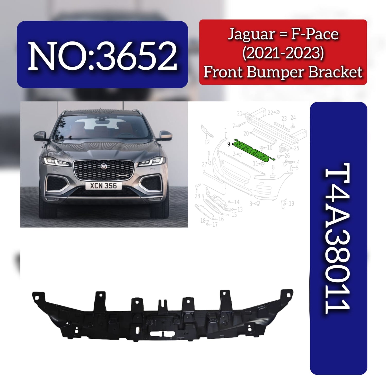 Front Bumper Bracket T4A38011 Compatible With Jaguar F-Pace (2021-2023) Tag No.3652