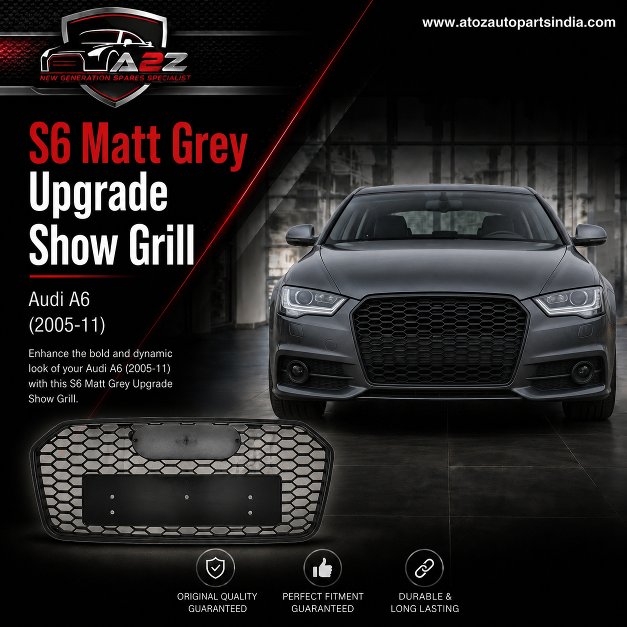 S6 Matt Grey Upgrade Show Grill Compatible With Audi = A6 (2005-11) Tag No.45
