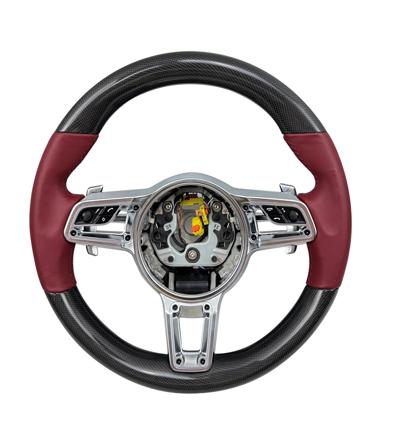 Carbon Fiber & Burgundy Leather Steering Wheel Compatible With Porsche All Models