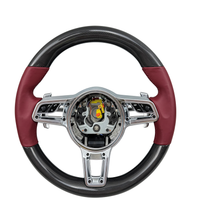 Carbon Fiber & Burgundy Leather Steering Wheel Compatible With Porsche All Models