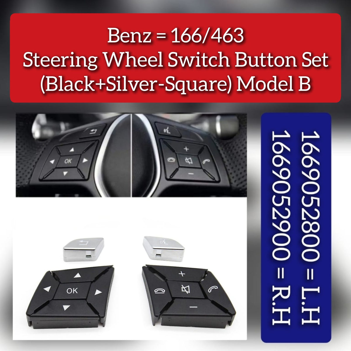 Black+Silver-Square Steering Wheel Switch Control Buttons 1669052800 1669052900 Compatible with MERCEDES BENZ GL-CLASS W166 & ML-CLASS W166 & G Class W463 & GLC C218