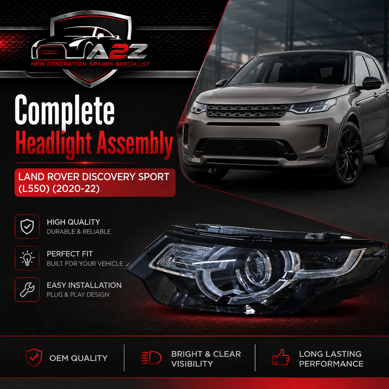 Complete Headlight Assy Right LR076133 & Left LR076144 Compatible With LAND ROVER DISCOVERY SPORT (L550) (2020-22) Tag No.04