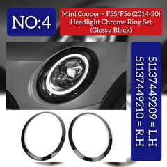 Headlight Chrome Bezel Ring Trim Left 51137449209 & Right 51137449210 Compatible With MINI F55 & F56 (Glossy Black 2014-2020)