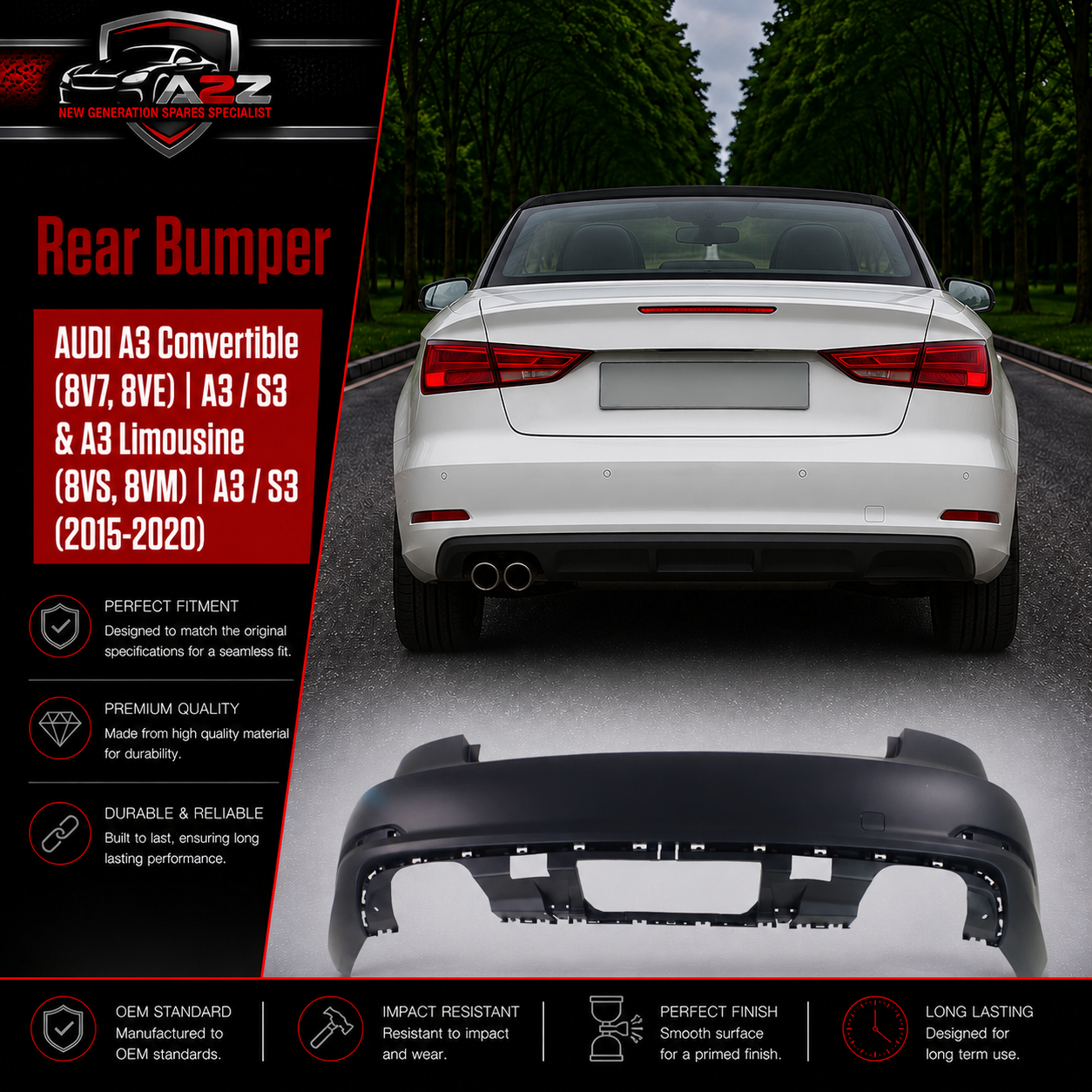 Rear Bumper 8V5807067D Compatible With AUDI A3 Convertible (8V7, 8VE) | A3 / S3 & A3 Limousine (8VS, 8VM) | A3 / S3