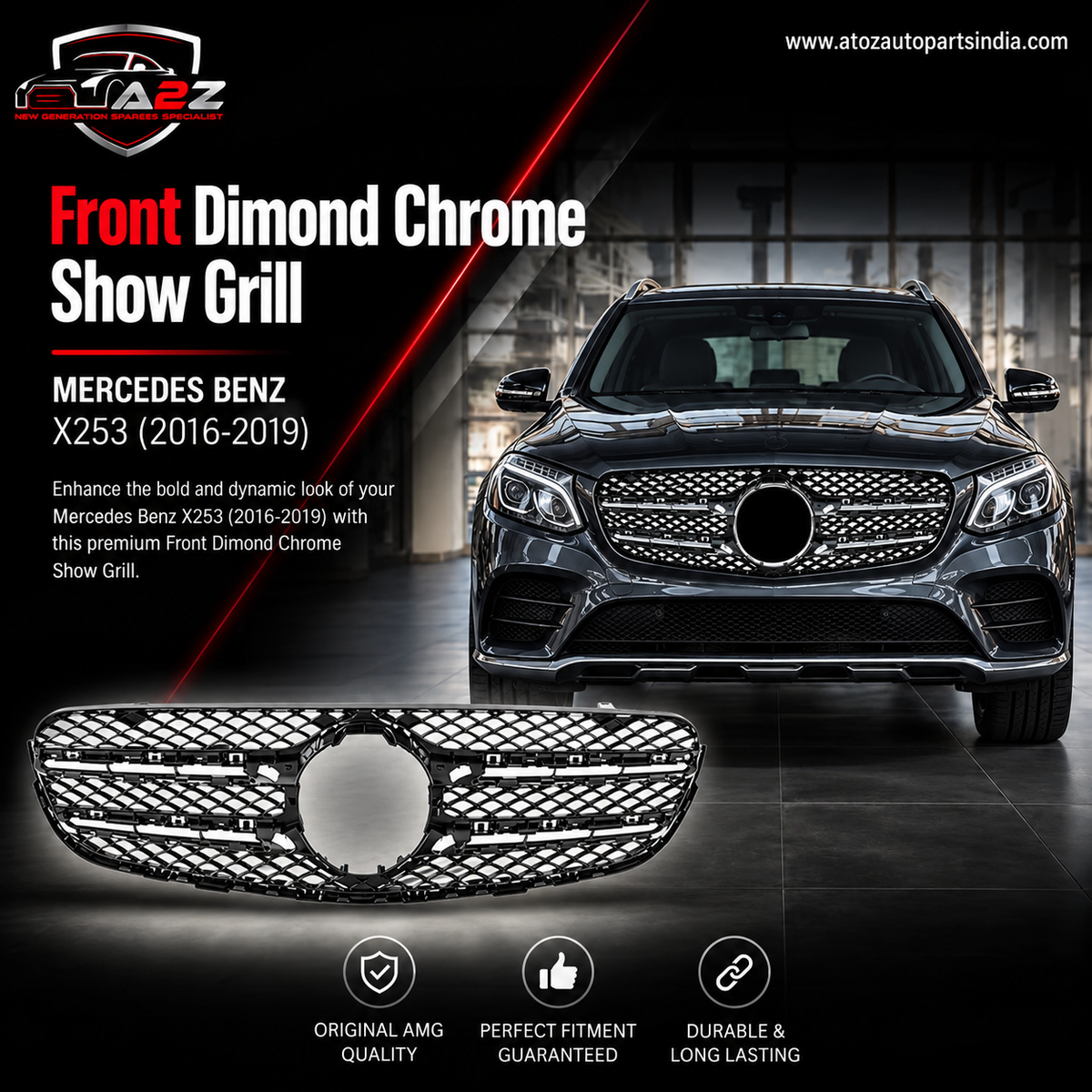 Front Dimond Chrome Show Grill A2538882000 Compatible With MERCEDES BENZ  GLC X253 2016-2019