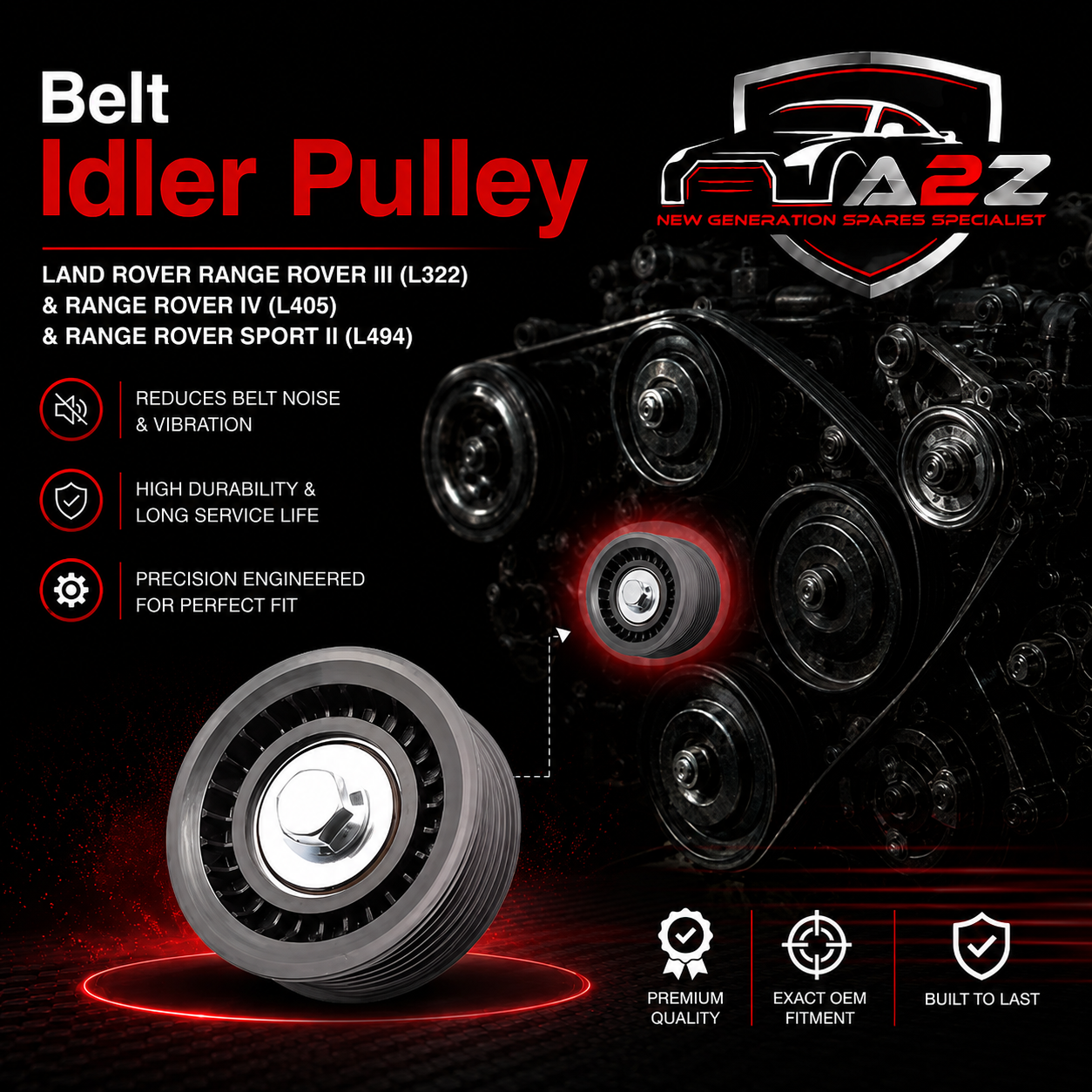 Belt Idler Pulley LR036304 Compatible with LAND ROVER RANGE ROVER III (L322) &  RANGE ROVER IV (L405) & RANGE ROVER SPORT II (L494) Tag.3