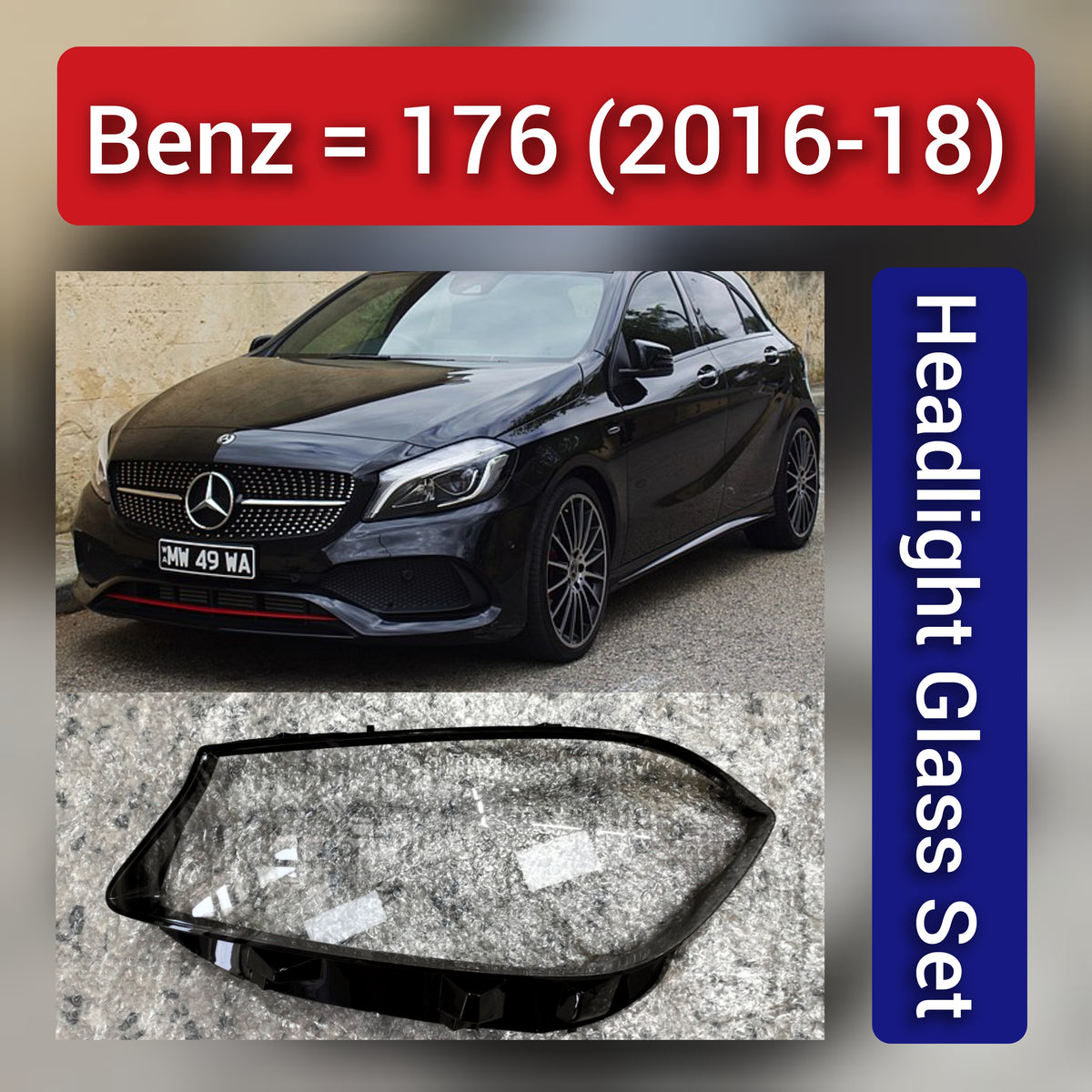 Front Headlight Glass Compatible with  Mercedes-Benz A-Class (W176) 2016 - 2018.