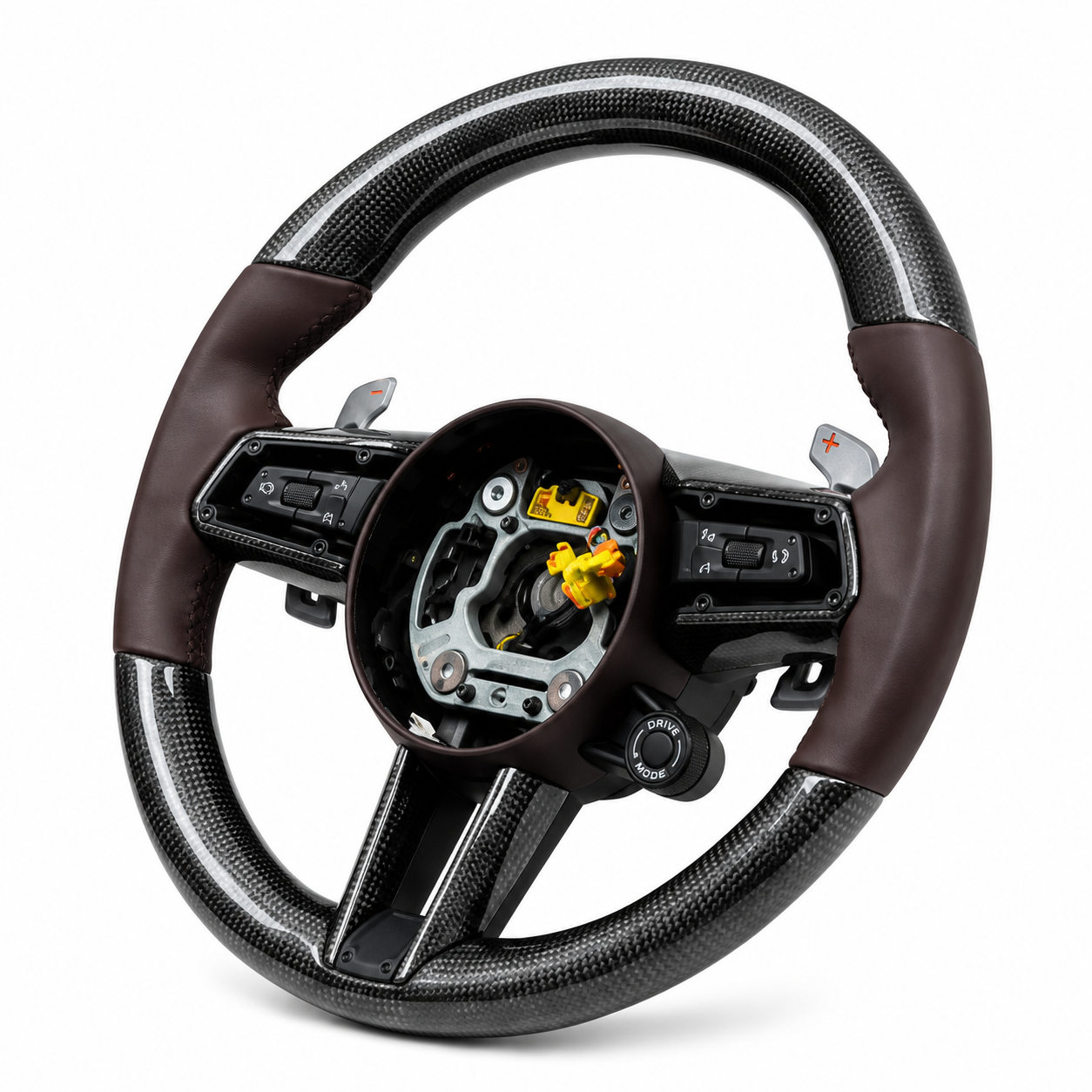 Carbon Fiber & Dark Brown Smooth Leather Steering Wheel Compatible With Porsche All Models