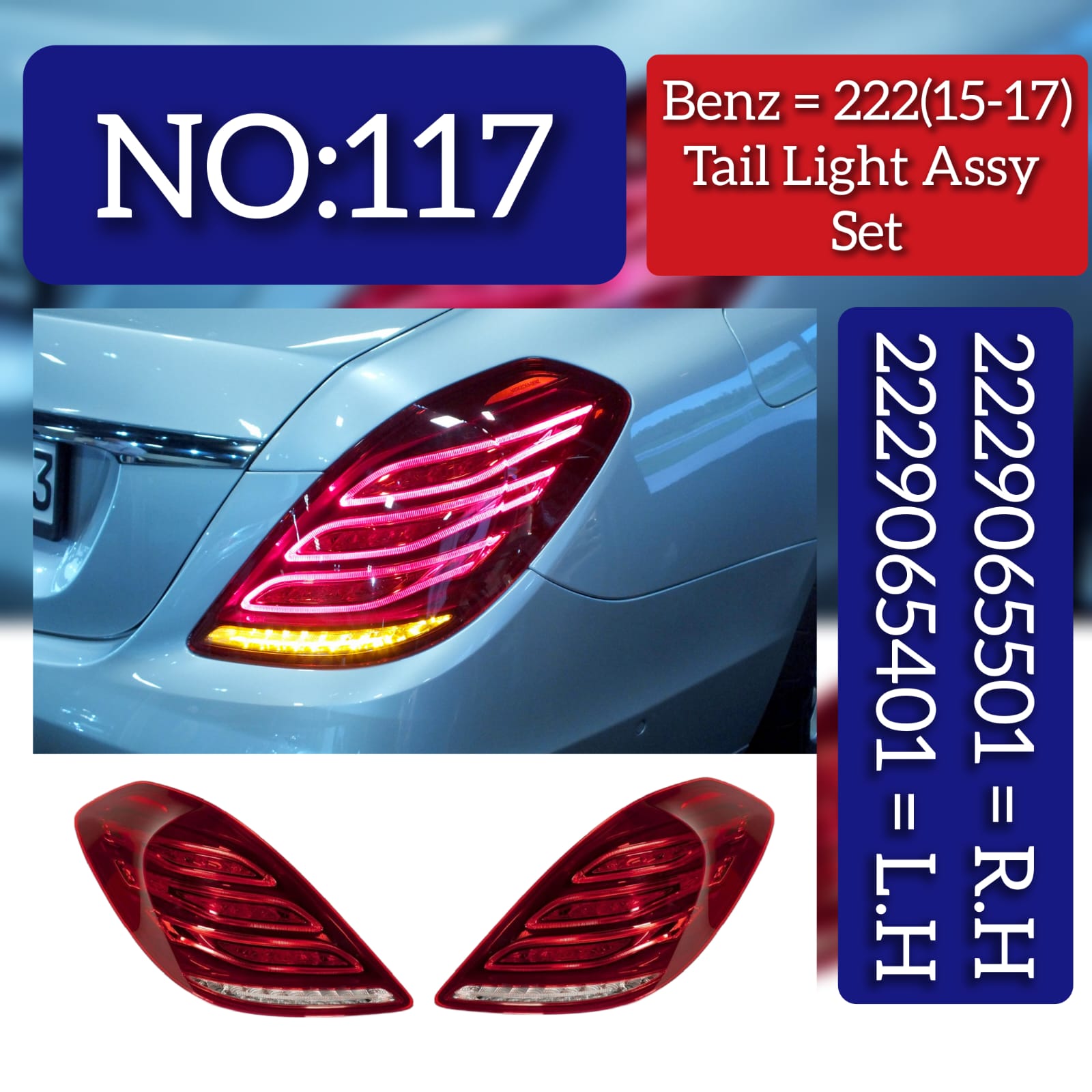 Tail Light Rear Lamp Compatible With MERCEDES-BENZ S-CLASS (W222, V222, X222) 2015-2017 Tail Light Rear Lamp Left A2229065401  & Right A2229065501