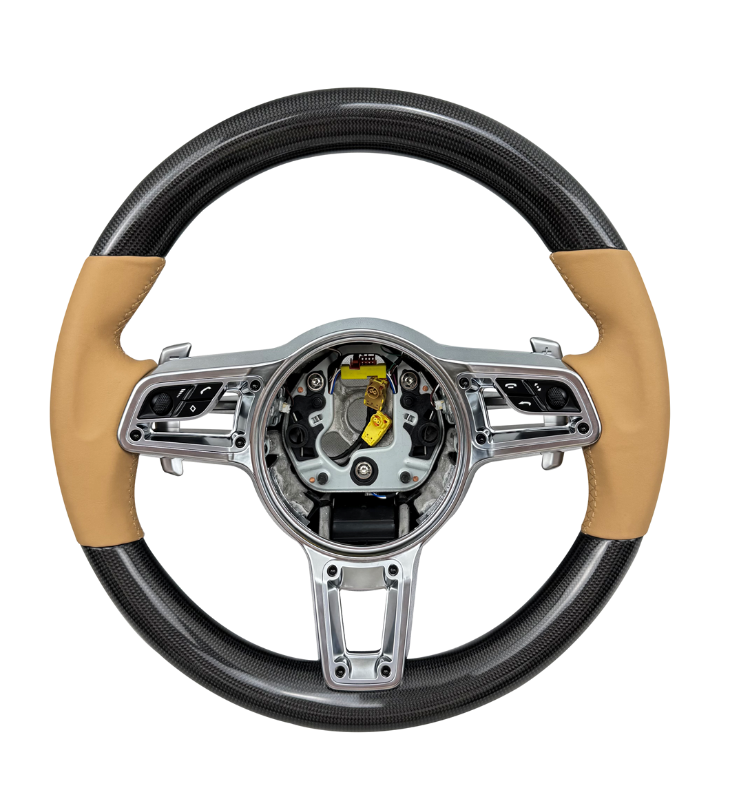Carbon Fiber & Beige Leather Steering Wheel Compatible With Porsche All Models