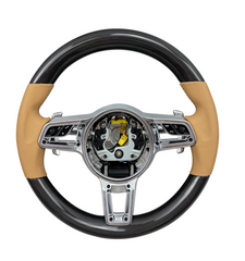 Carbon Fiber & Beige Leather Steering Wheel Compatible With Porsche All Models