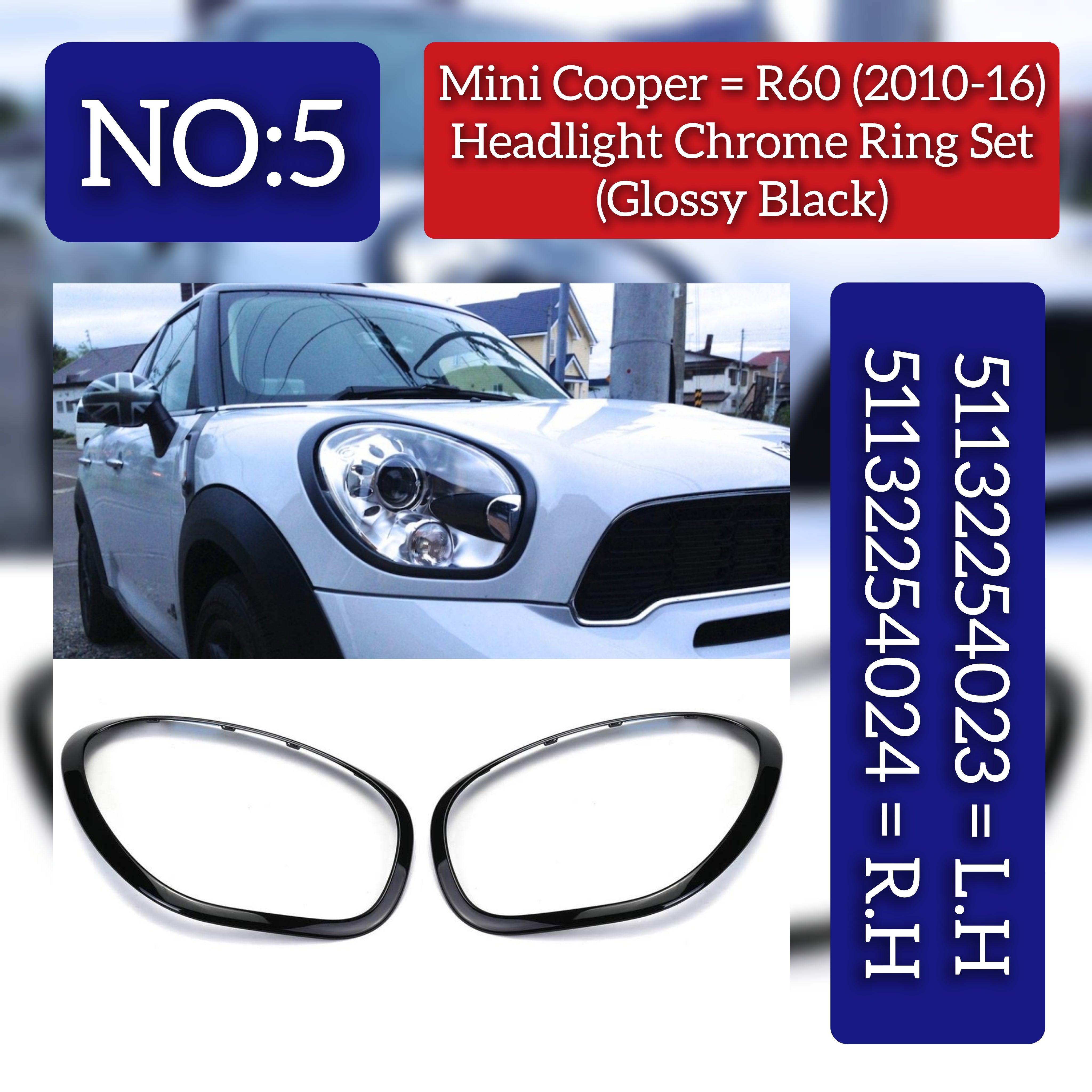 Headlight Chrome Bezel Ring Trim Left 51132254023  & Right 51132254024 Compatible With MINI R60 (Glossy Black 2010-2016)