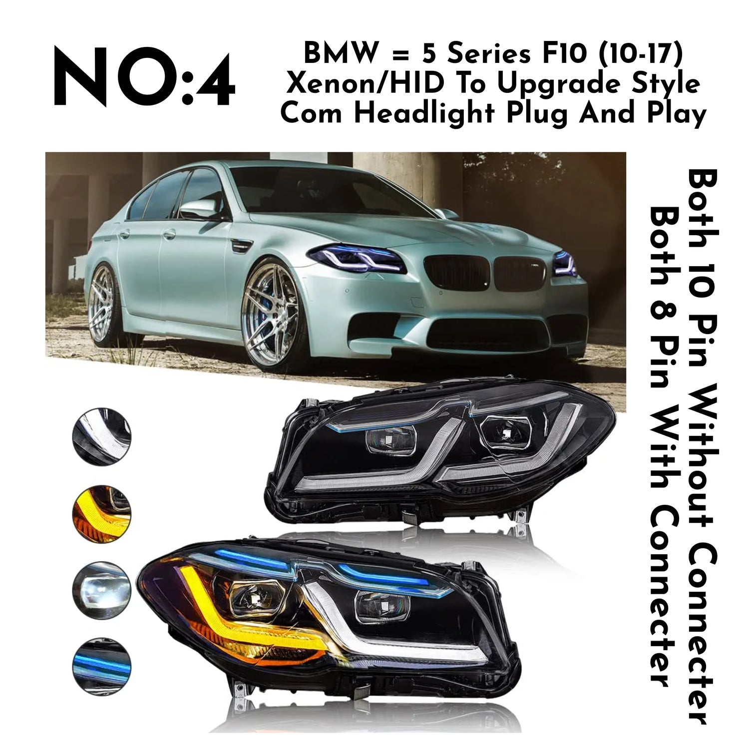 Complete Headlight Assy Set (Upgrade To G30 Style) Plug And Play No Need To Change Bumper Compatible With BMW F10 (2011-17) Tag No.4