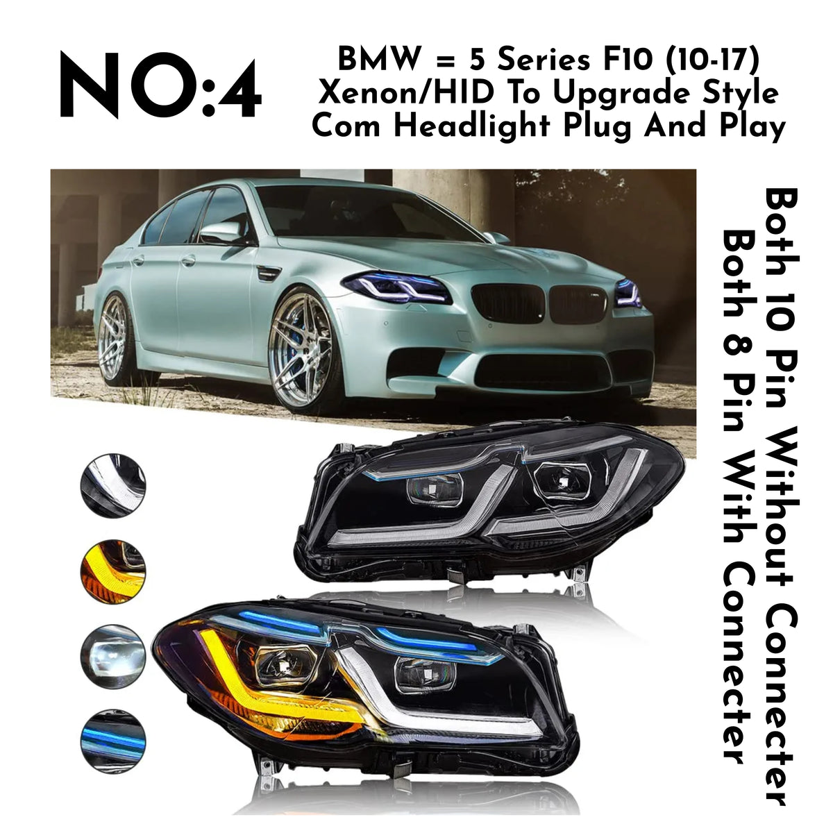 Complete Headlight Assy Set (Upgrade To G30 Style) Plug And Play No Need To Change Bumper Compatible With BMW F10 (2011-17) Tag No.4