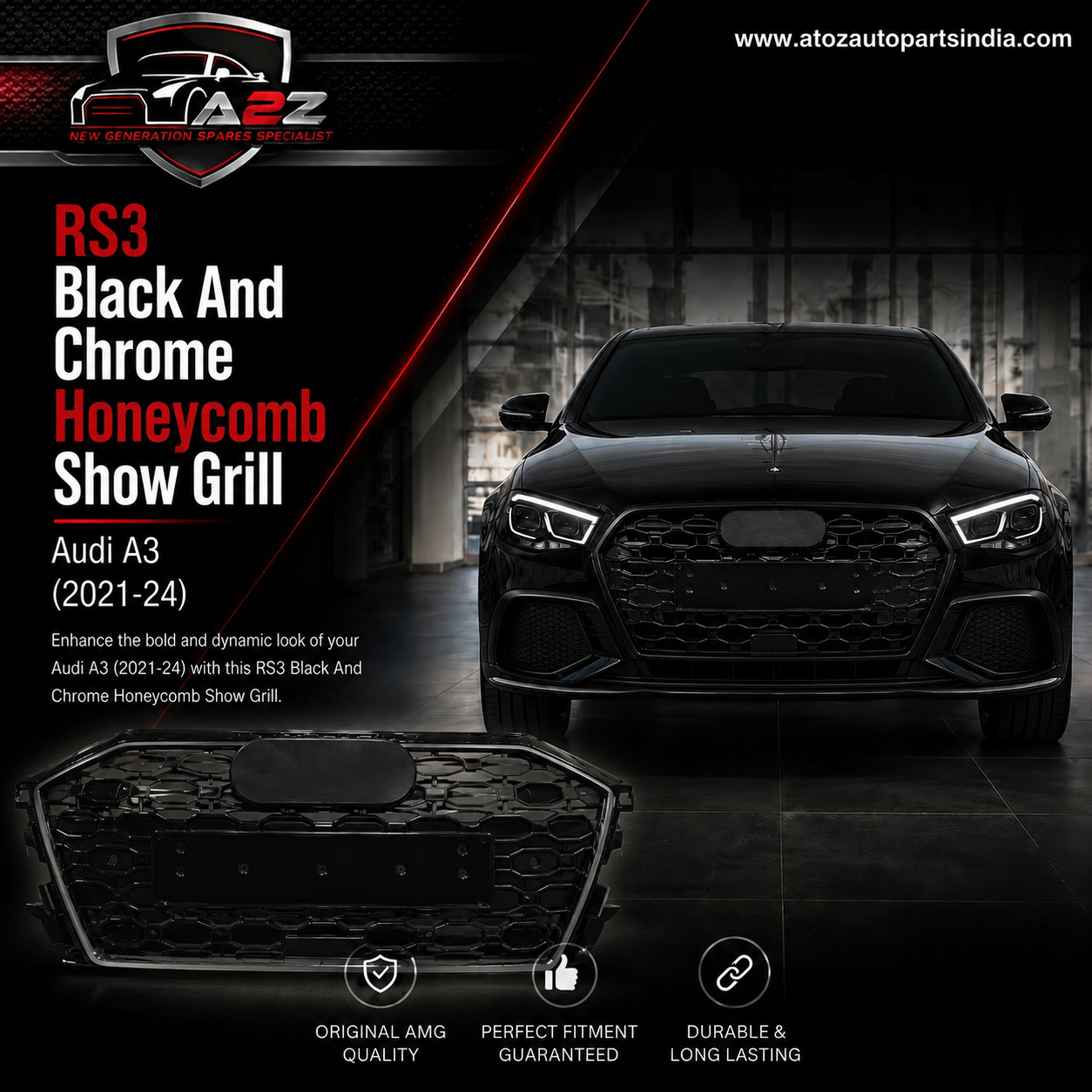 RS3 Black And Chrome Honeycomb Show Grill Compatible With Audi = A3 (2021-24) Tag No.103