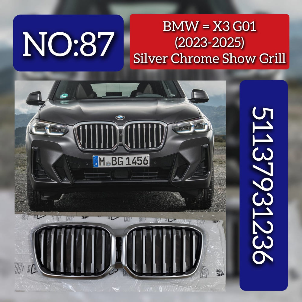 Silver Chrome Show Grill 51137931236 Compatible With BMW X3 G01 (2023-2025) Tag No.87