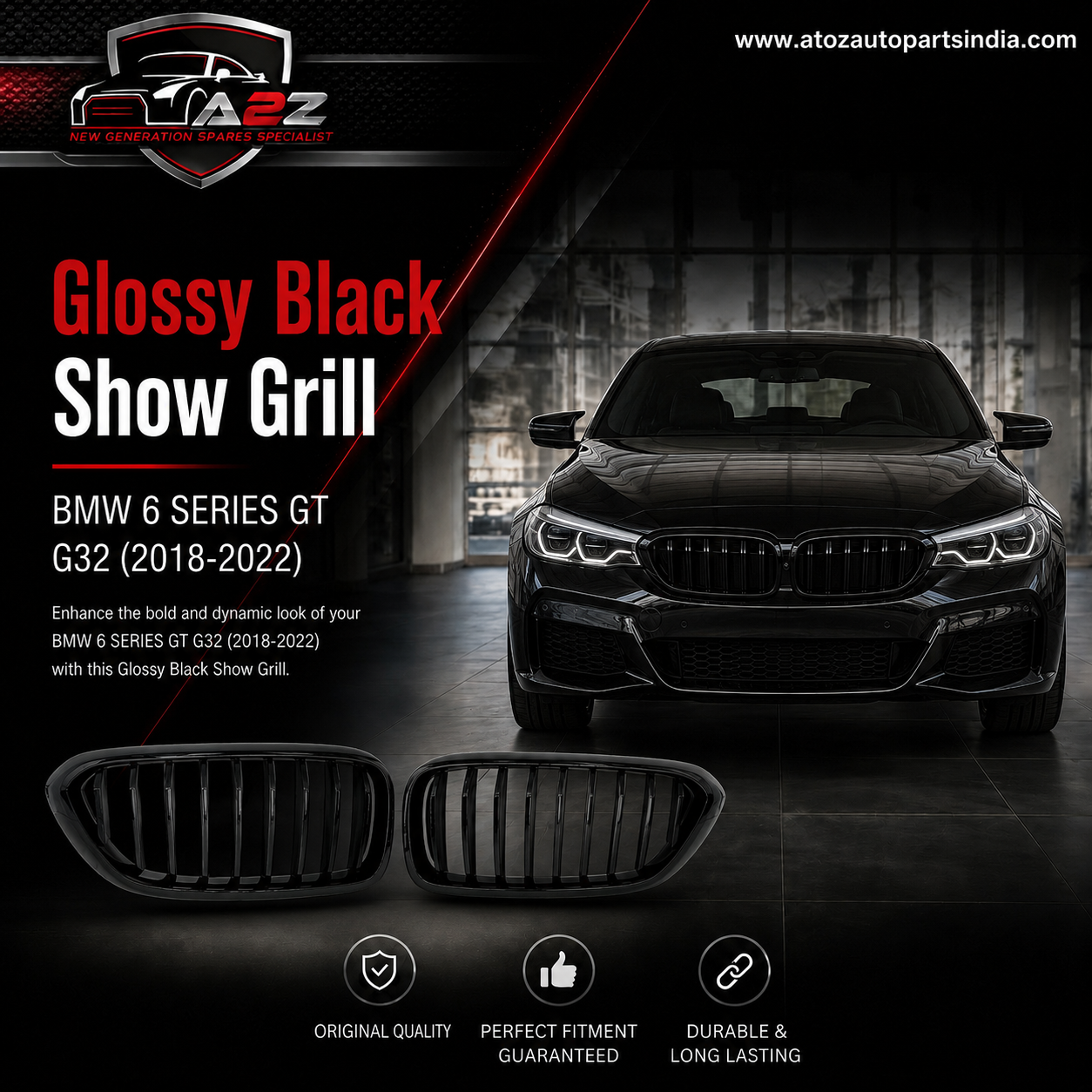 Glossy Black Show Grill Left 51712445002 & Right 51712445003 Compatible With BMW 6 SERIES GT G32 (2018-2022) Tag No.102