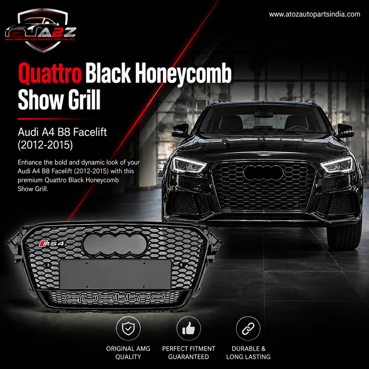 RS4 Quattro Black Honeycomb Show Grill Compatible With Audi A4 B8 Facelift (2012-15) Tag No.16