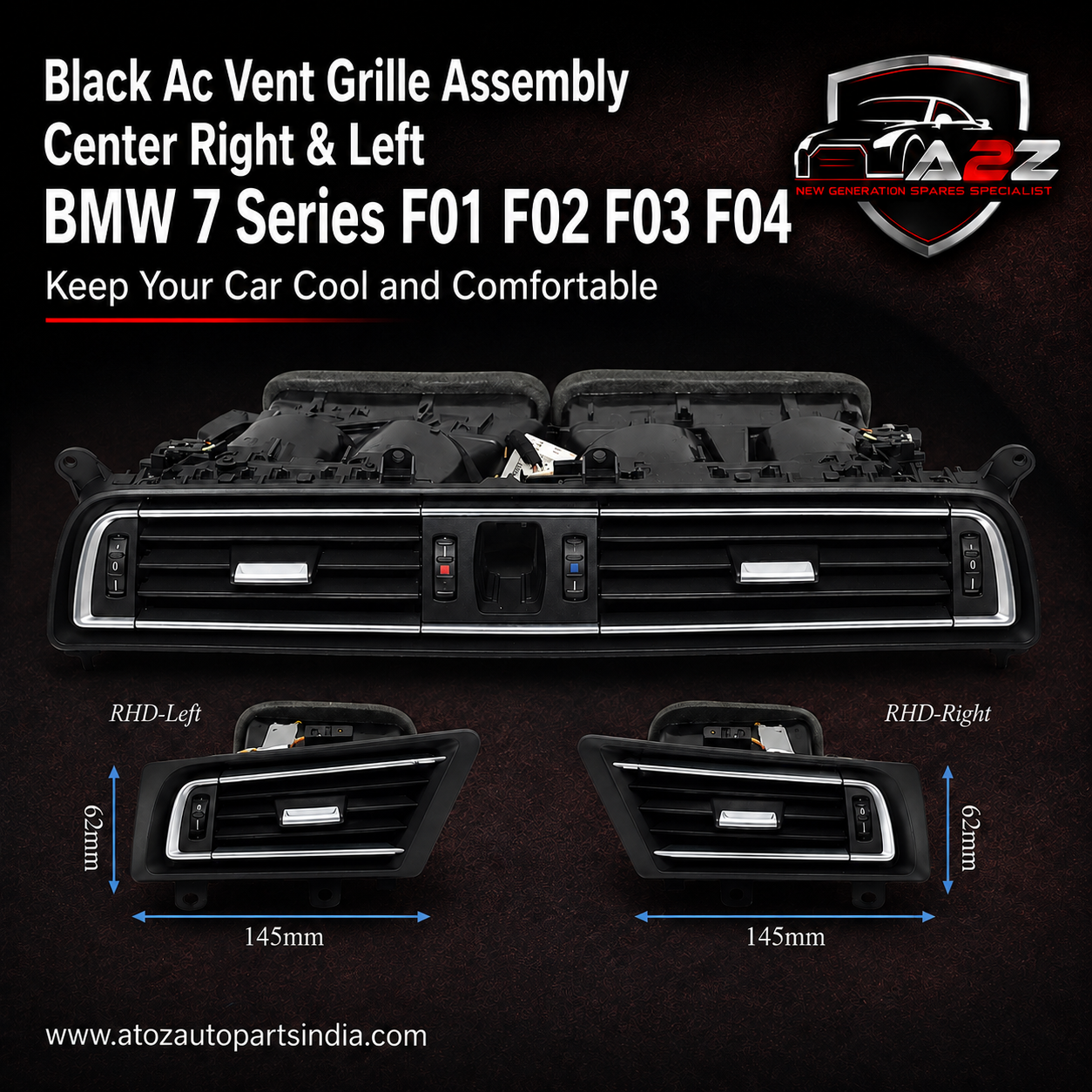 Black Ac Vent Grille Assembly Center 64229115860 & Right 64229115862 & Left 64229115861 Compatible With BMW 7 Series F01 F02 F03 F04