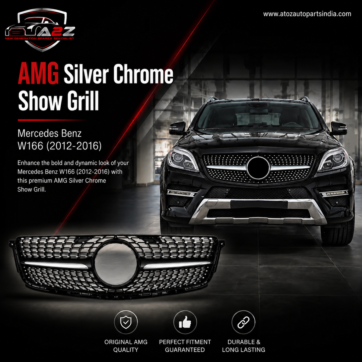 Diamond Black Chrome Show Grill  Compatible With Mercedes  Benz ML-Class W166 (2012-2016) Tag 188