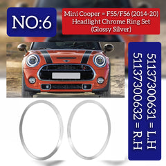 Headlight Chrome Bezel Ring Trim Left 51137300631 & Right 51137300632 Compatible With MINI F55 F56 (Glossy Silver 2014-2020)