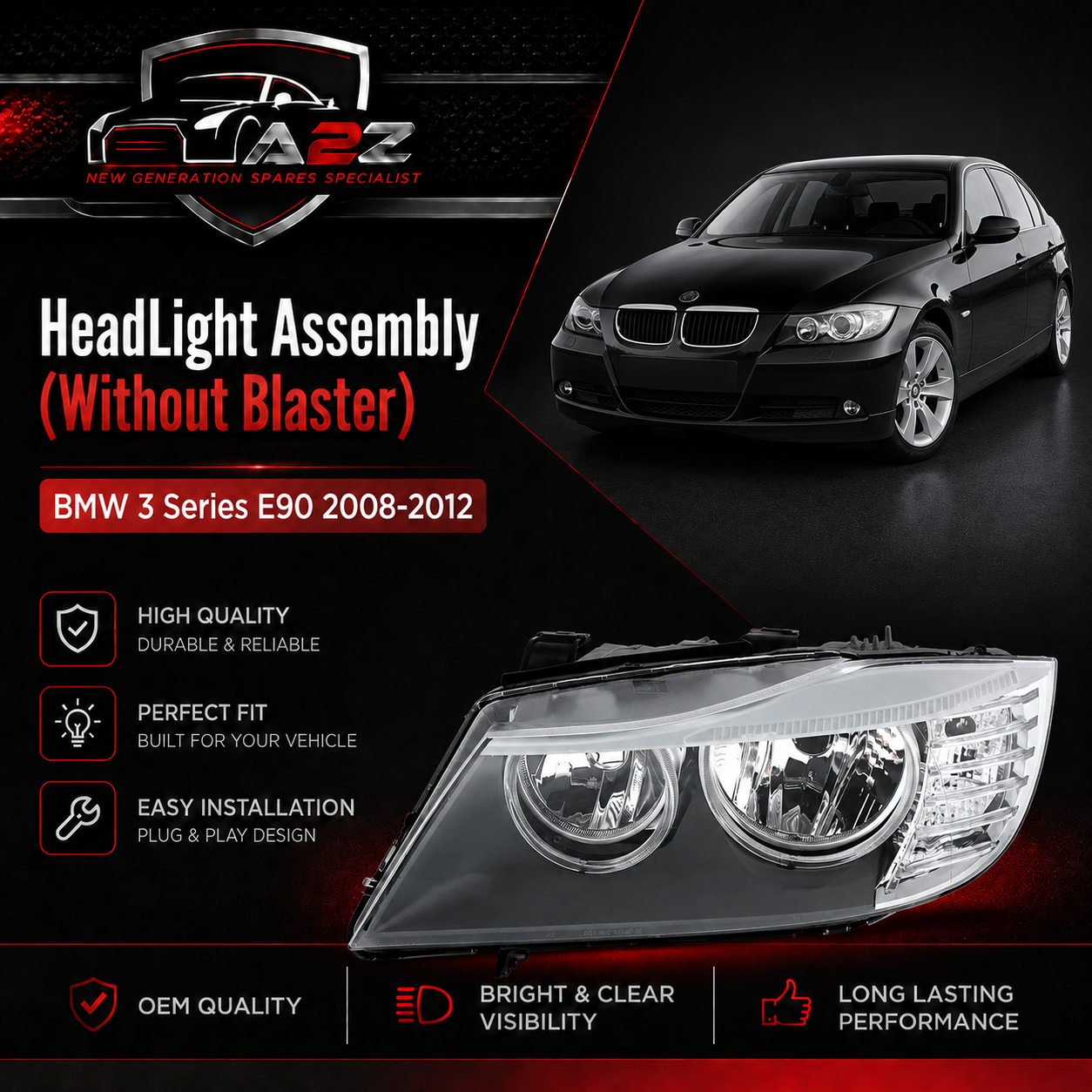 Headlight Headlamp Left & Right (Without Blaster) Compatible With BMW 3 Series E90 2008-2012 Helogen