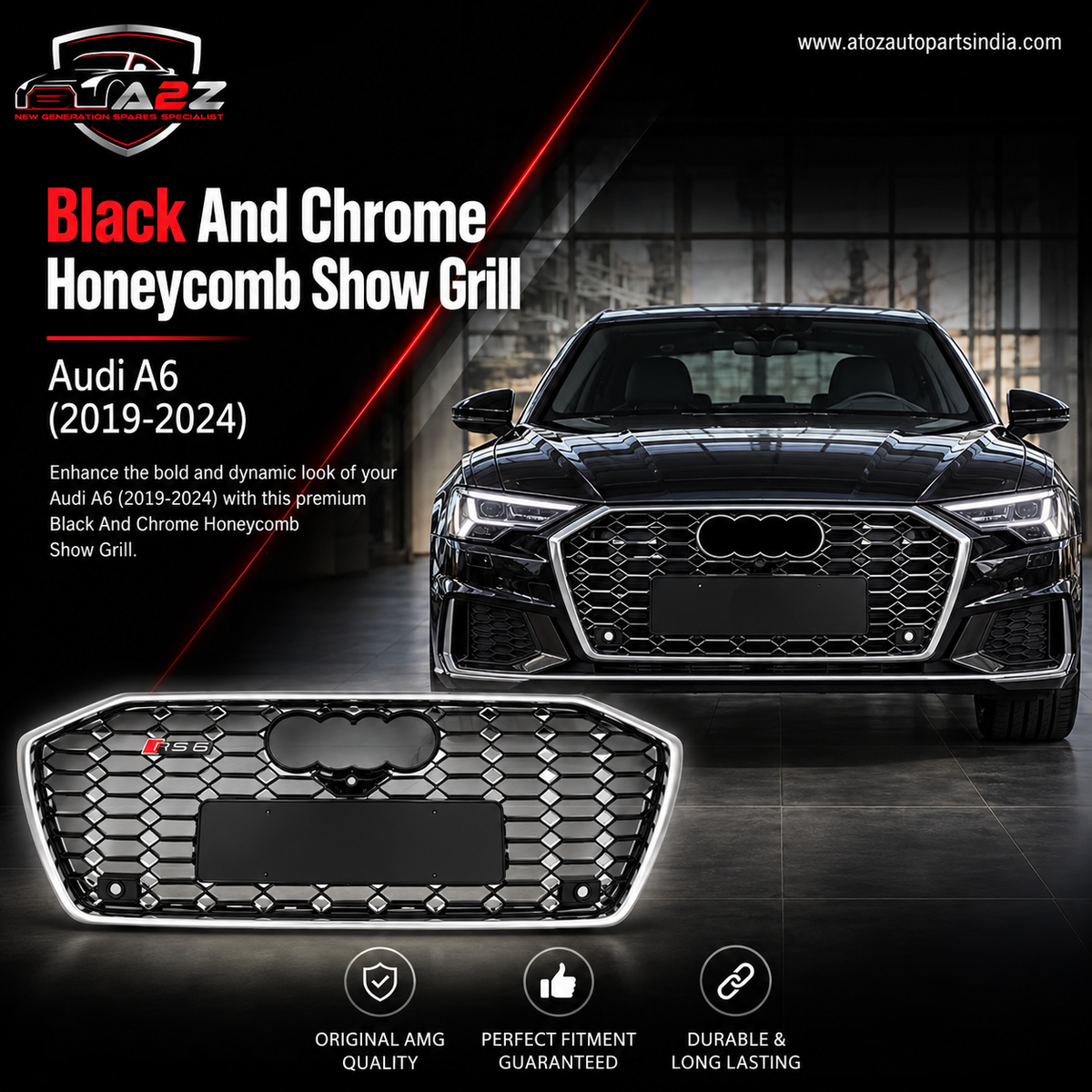 RS6 Black And Chrome Honeycomb Show Grill Compatible With Audi = A6 (2019-24) Tag No.73