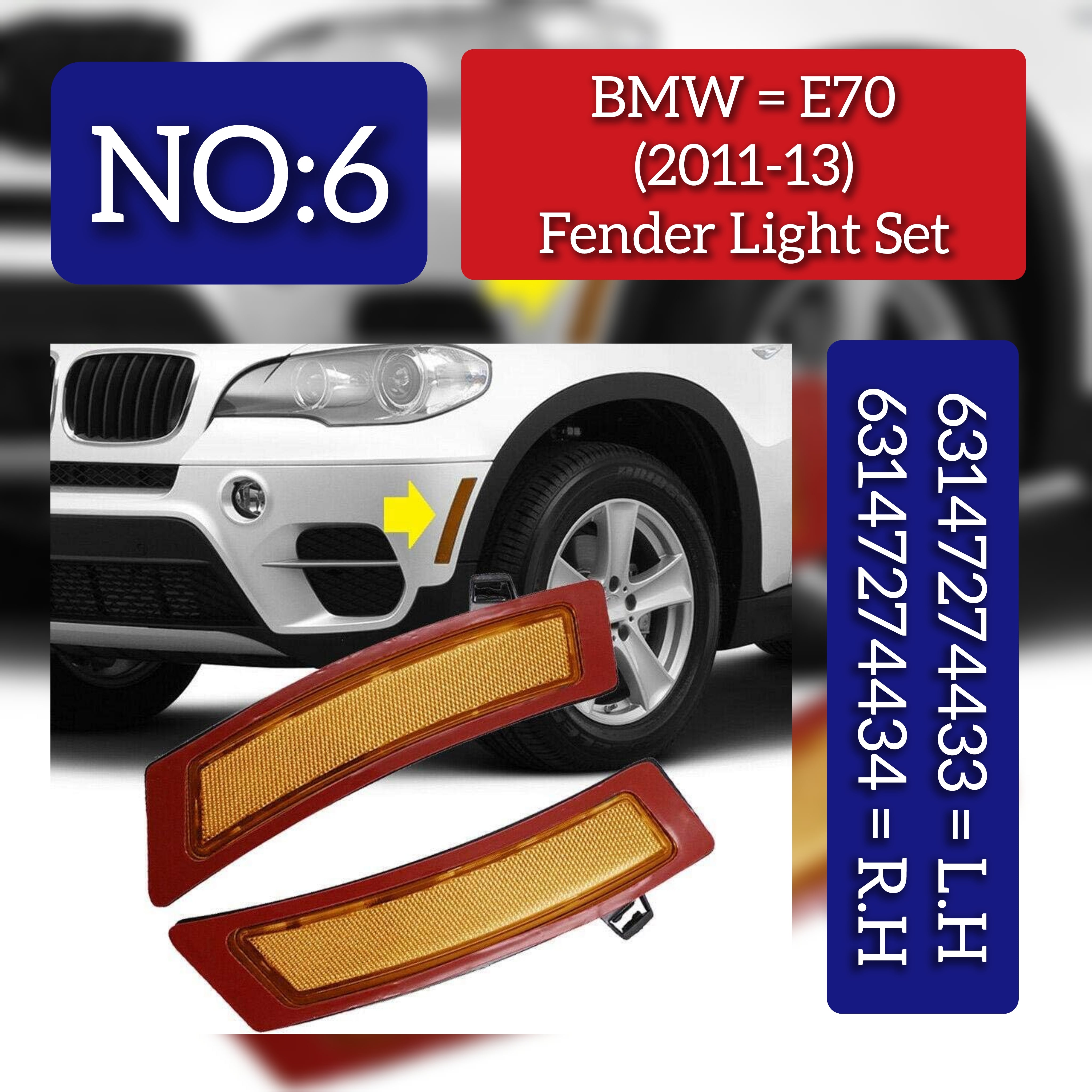 Front Bumper Reflector Left 63147274433 & Right 63147274434 Compatible with BMW X5 E70 2011-2013 Tag-FBL-06