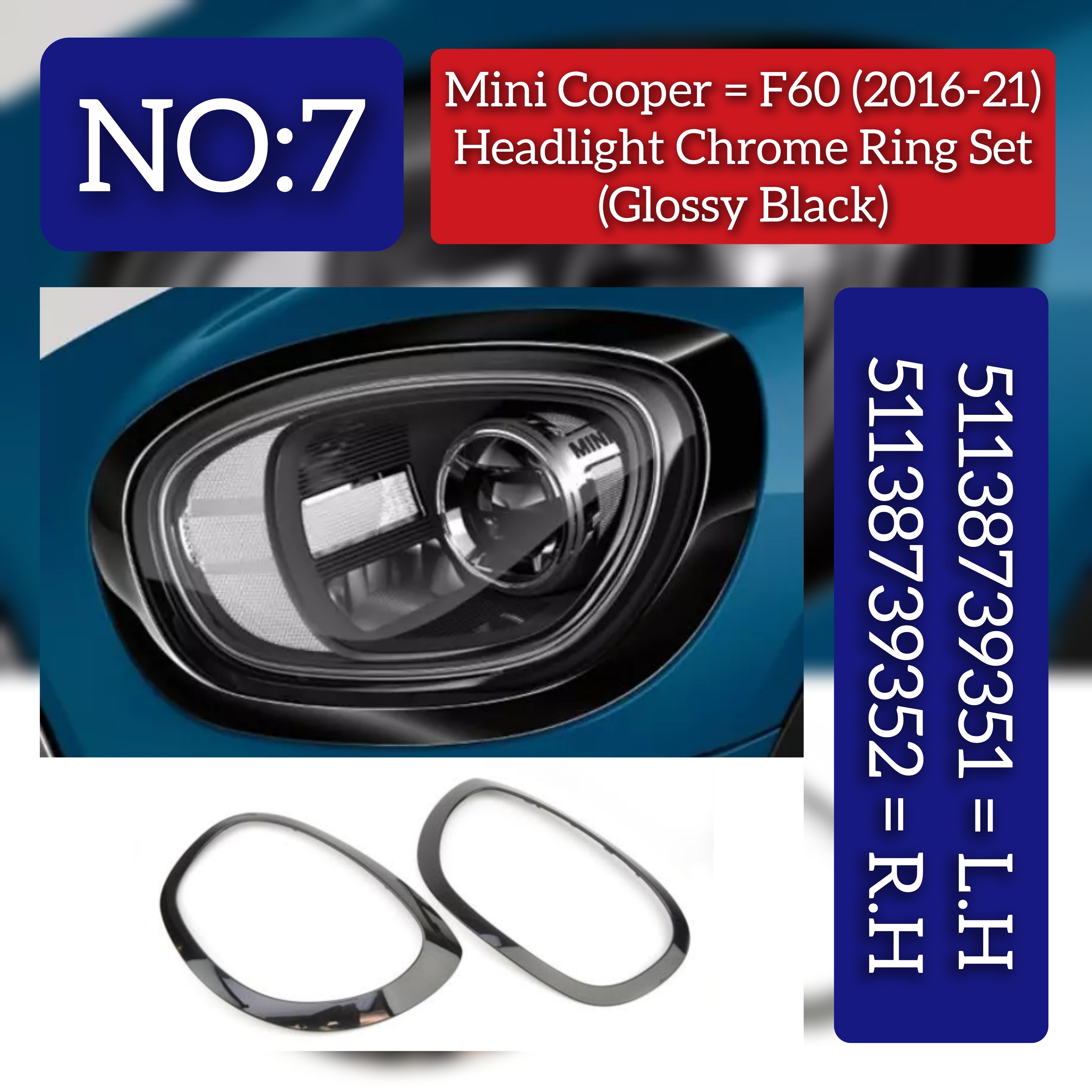 Headlight Chrome Bezel Ring Trim Left 51138739351 & Right 51138739352 Compatible With MINI F60 (Glossy Black 2016-2021)