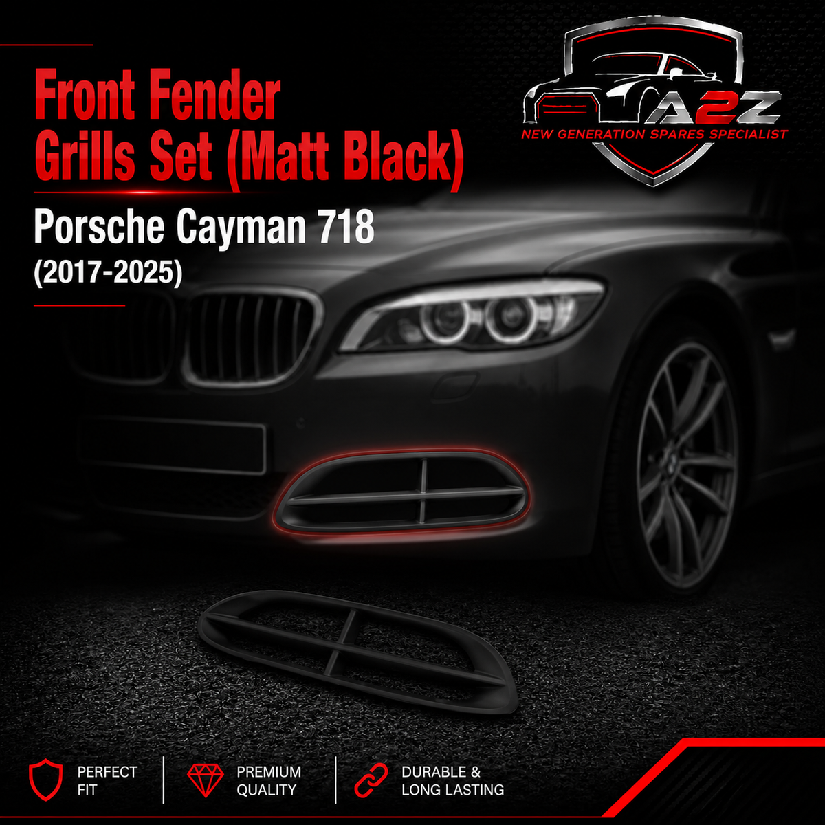 Front Fender Grills Set (Matt Black) Right 982853190 & Left 982853189 Compatible With Porsche Cayman 718 (2017-2025)Tag No.517