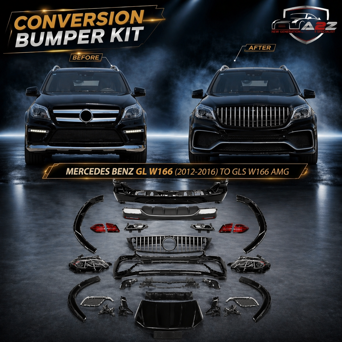 A To Z Compatible With Mercedes Benz GI W166 (2012-2016) Upgrade Facelift Convert To Gls W166 Amg Body Kit Bumper Headlight Taillight Trunk Skirts 1:1 CC-8540 (Shipping Cost Not Included In Price)