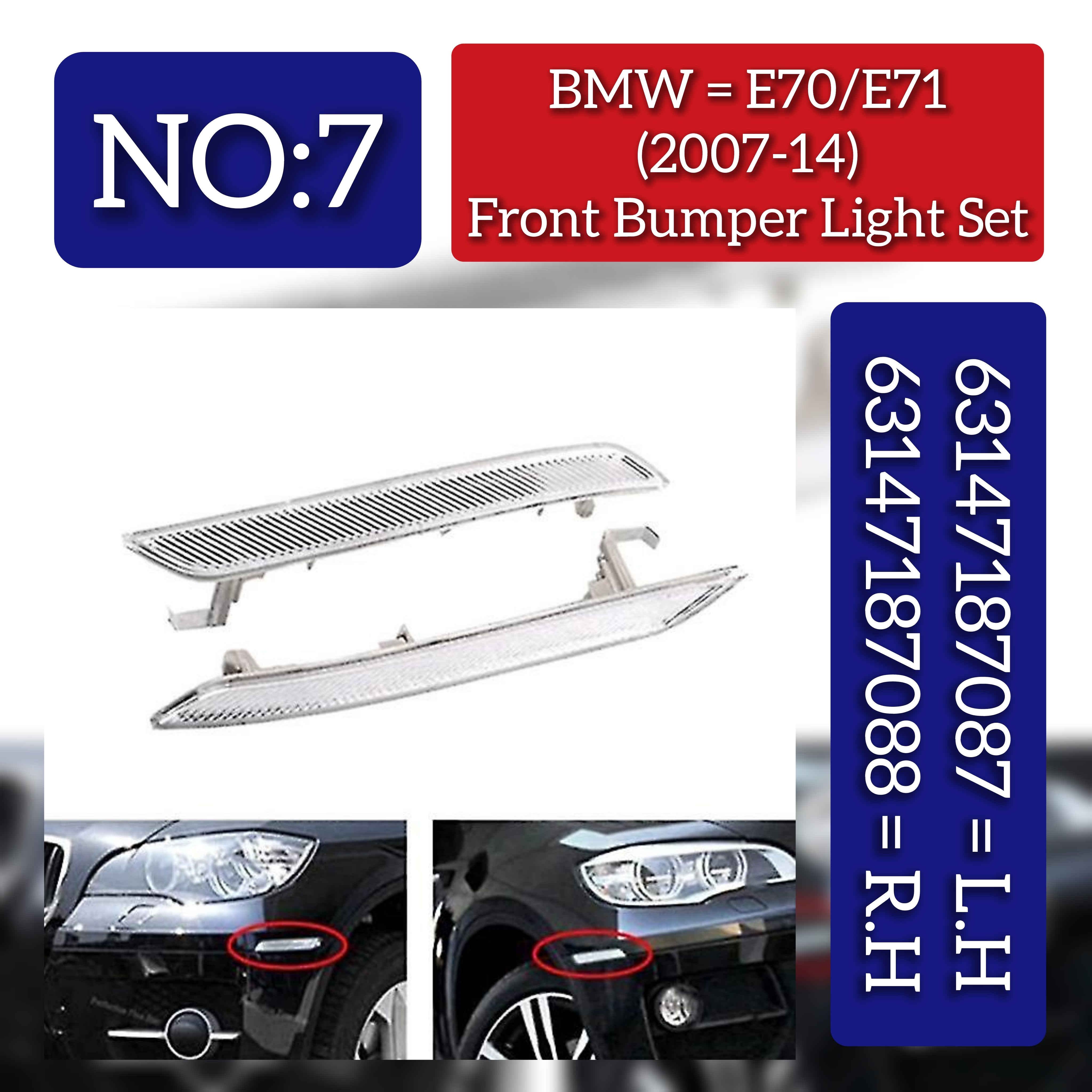 Front Bumper Reflector Left 63147187087 & Right 63147187088 Compatible with BMW X5 E70 & X6 E71 2007-2014 Tag-FBL-07