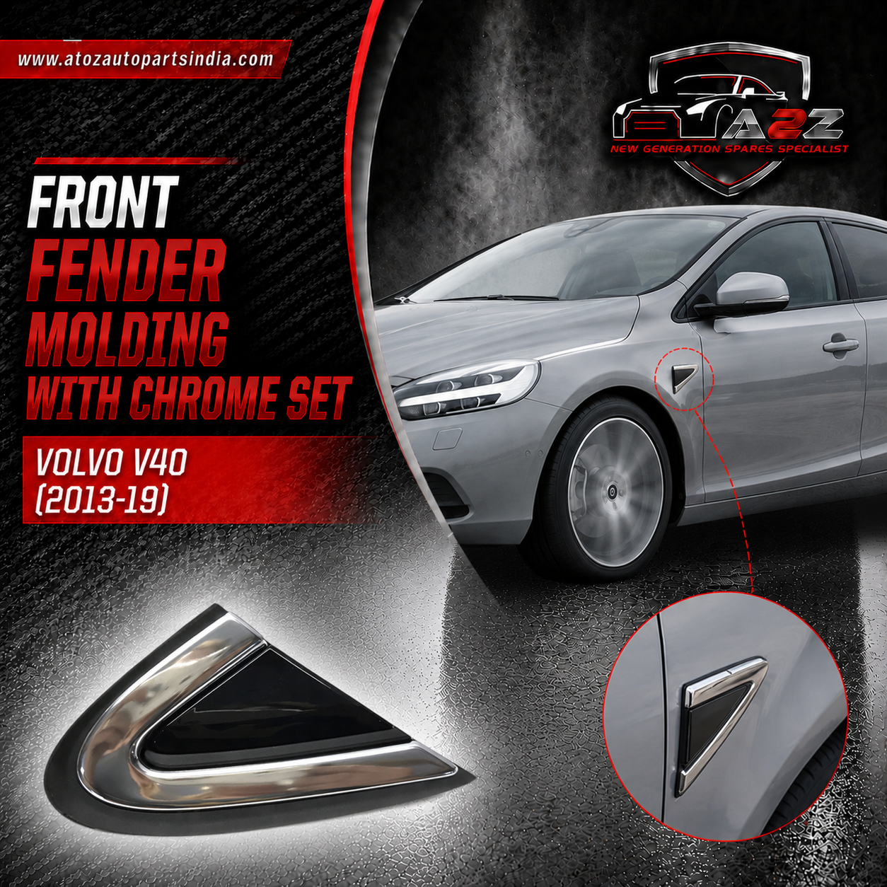 Front Fender Molding With Chrome Set Left 31416469 & Right 31416470 Compatible With Volvo V40 (2013-19)