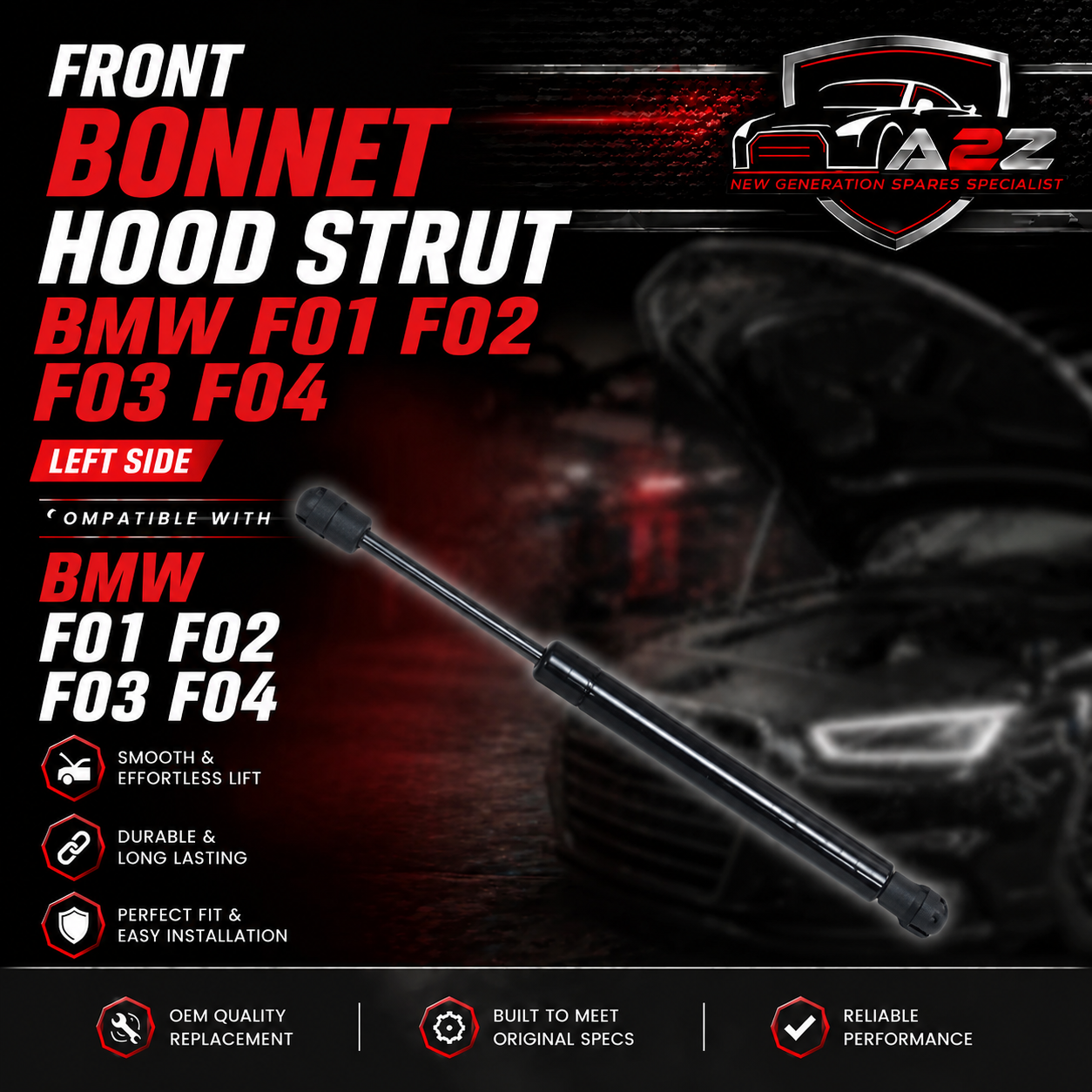 Front Bonnet Hood Strut Set 51237183741 51237289753 Compatible With BMW 7 Series (F01, F02, F03, F04)