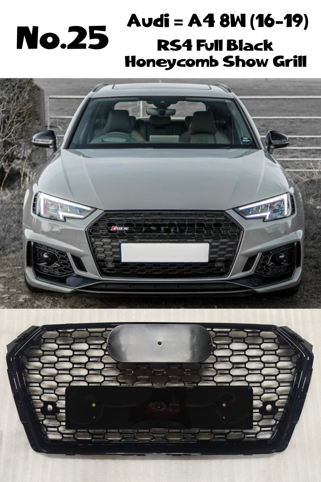 RS4 Full Black Honeycomb Show Gril Compatible With Audi A4 B9(2017-19) RS4 Black Chrome Tag 25