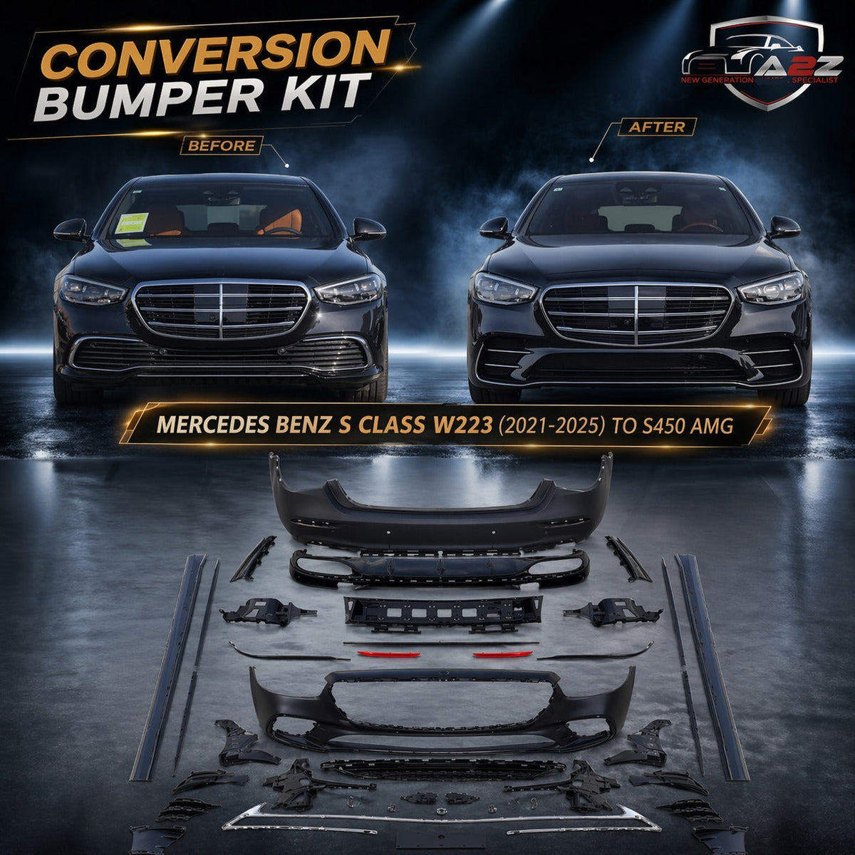 A To Z Compatible With Mercedes Benz S Class W223 (2021-2025) Car Upgrade To S450 Amg Bumper Body Kit Front After Lip Diffuser Exhaust Tips Fog Gril Cover Grill CC-8918 (Shipping Cost Not Included In Price)