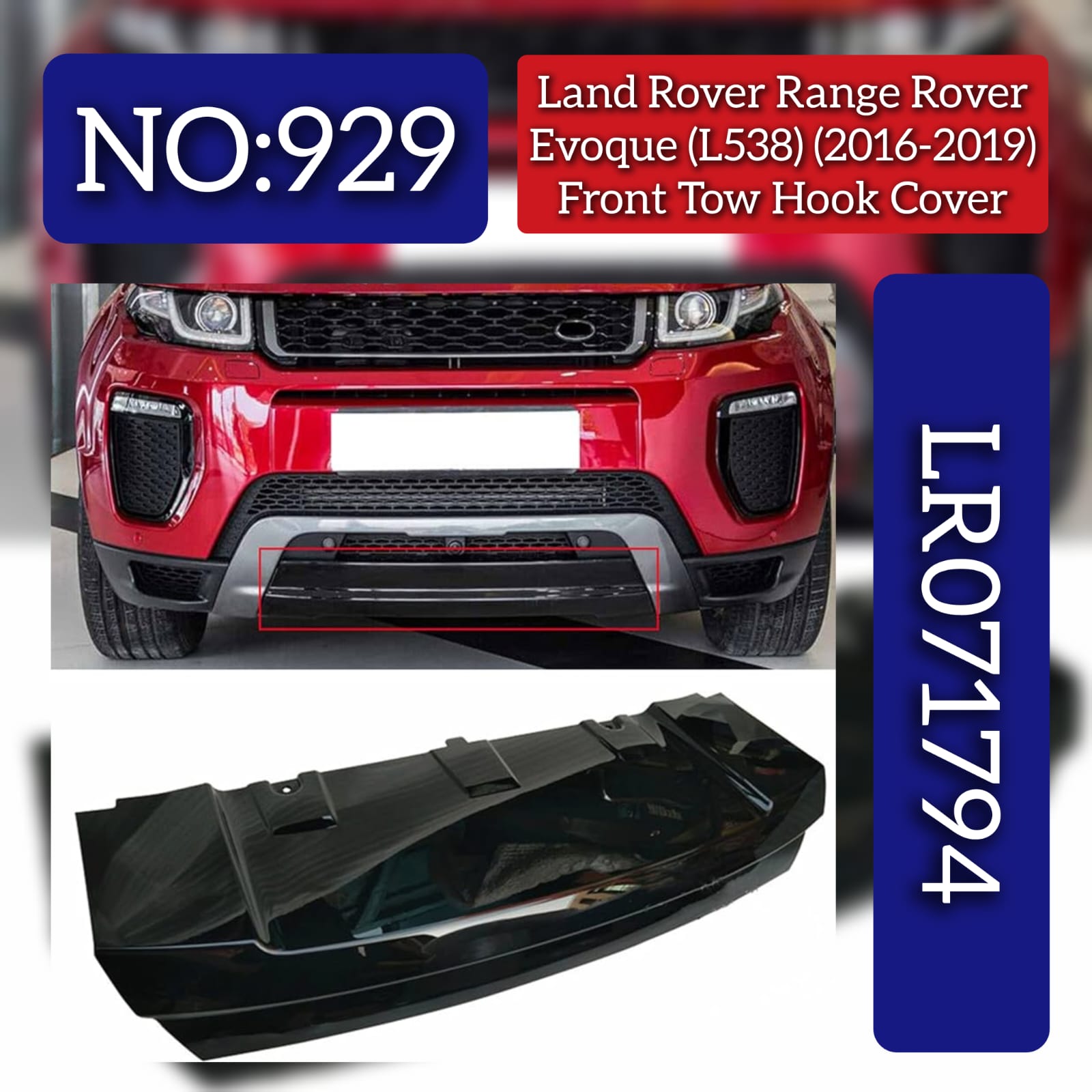Front Tow Hook Cover LR071794 Compatibe With Land Rover Range Rover Evoque (L538) (2016-2019) Tag No.929