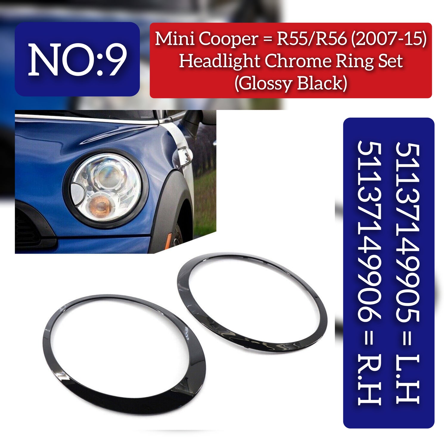 Headlight Chrome Bezel Ring Trim Left 51137149905 & Right 51137149906  Compatible With MINI R55 R56 (Glossy Black 2007-2015)
