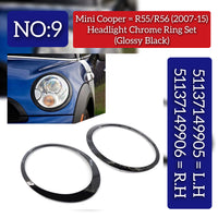 Headlight Chrome Bezel Ring Trim Left 51137149905 & Right 51137149906  Compatible With MINI R55 R56 (Glossy Black 2007-2015)