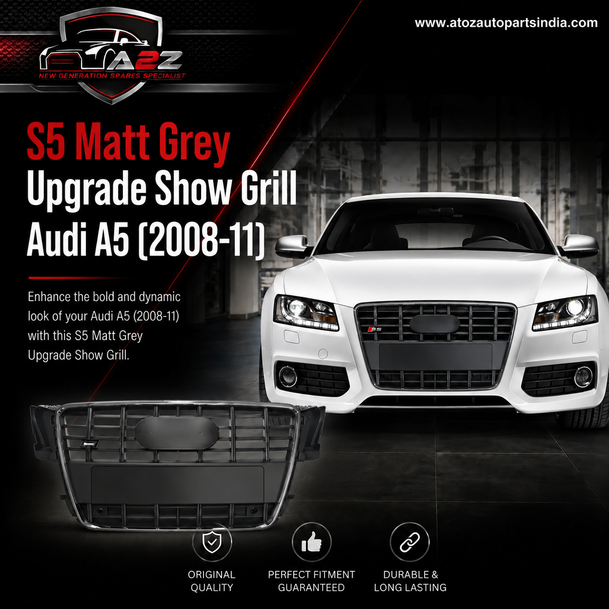 S5 Matt Grey Upgrade Show Grill Compatible With Audi = A5 (2008-11) Tag No.182