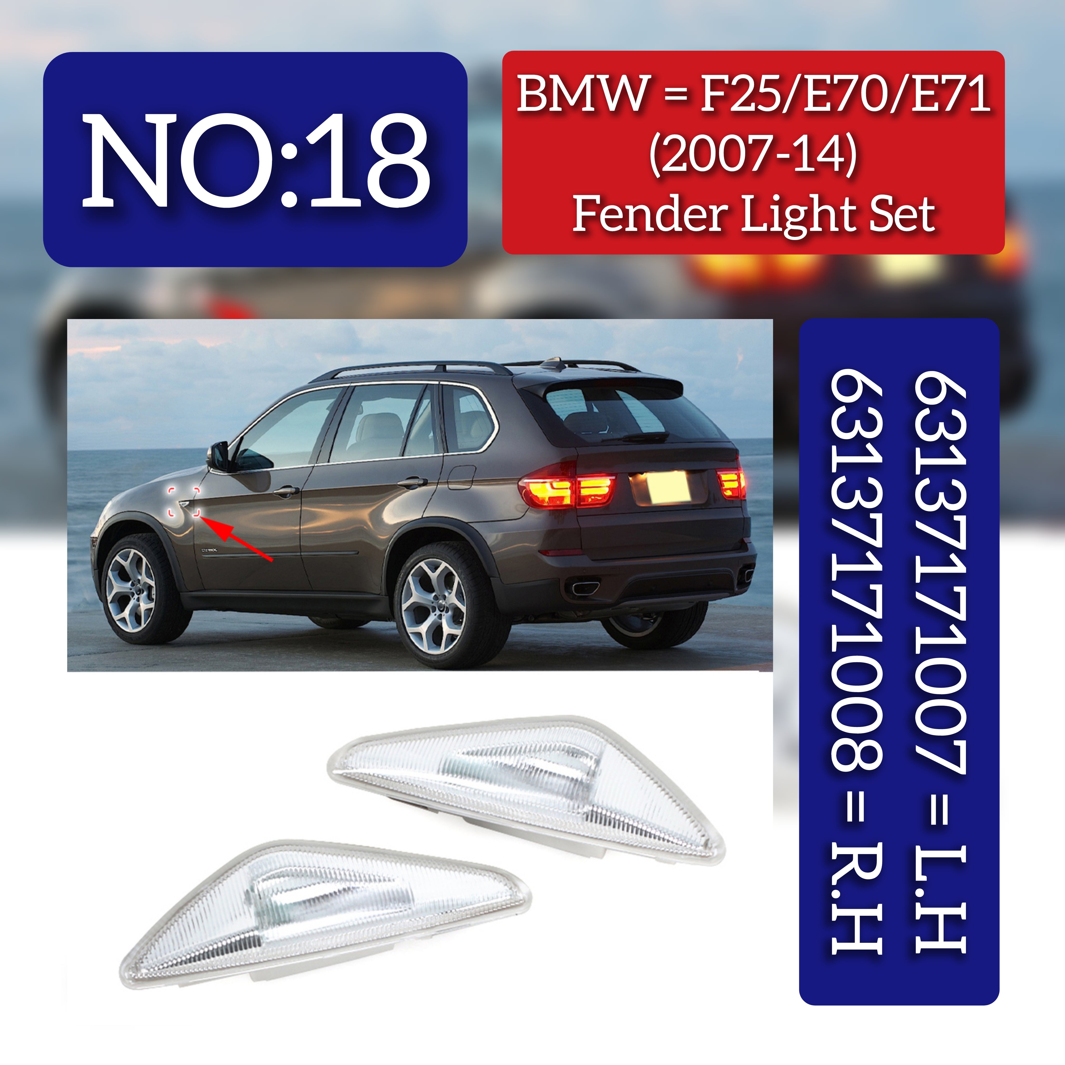 Marker Turn Signal Indicator Light Left 63137171007  & Right 63137171008 Compatible with BMW X3 F25 & X5 E70 2007-2014 Tag-FBL-18