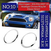 Headlight Chrome Bezel Ring Trim Left 51137149905A & Right 51137149906A Compatible With MINI R55 R56 (Glossy Silver 2007-2015)