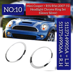 Headlight Chrome Bezel Ring Trim Left 51137149905A & Right 51137149906A Compatible With MINI R55 R56 (Glossy Silver 2007-2015)