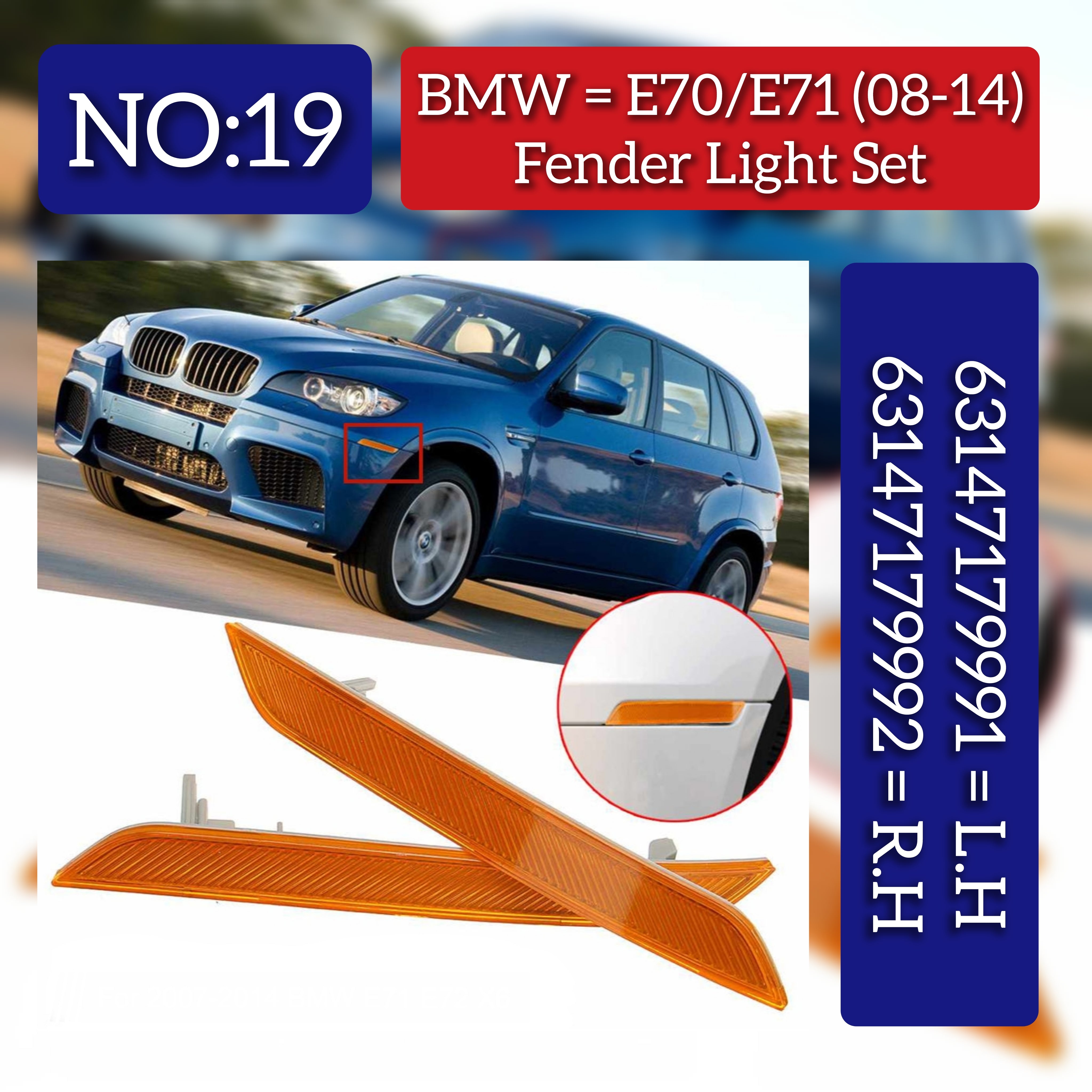 Front Bumper Turn Signal Indicator Light Left 63147179991 & Right 63147179992 Compatible with BMW X5 E70 & X6 E71 E72  2008-2014 Tag-FBL-19