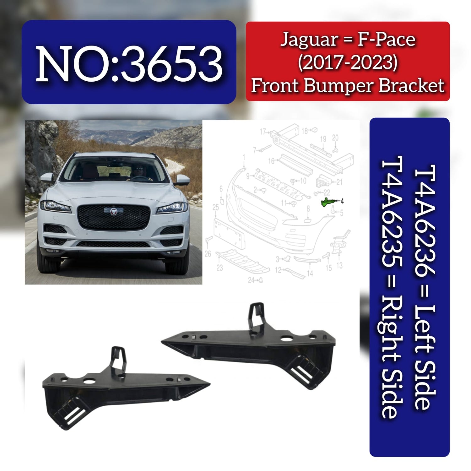 Front Bumper Braket Left T4A6236 & Right T4A6235 Compatible With Jaguar F-Pace (2017-2023) Tag No.3653